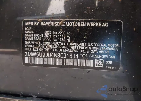 2022 BMW 3 Series M340I xDrive from USA, damaged, VIN 3MW5U9J04N8C31684